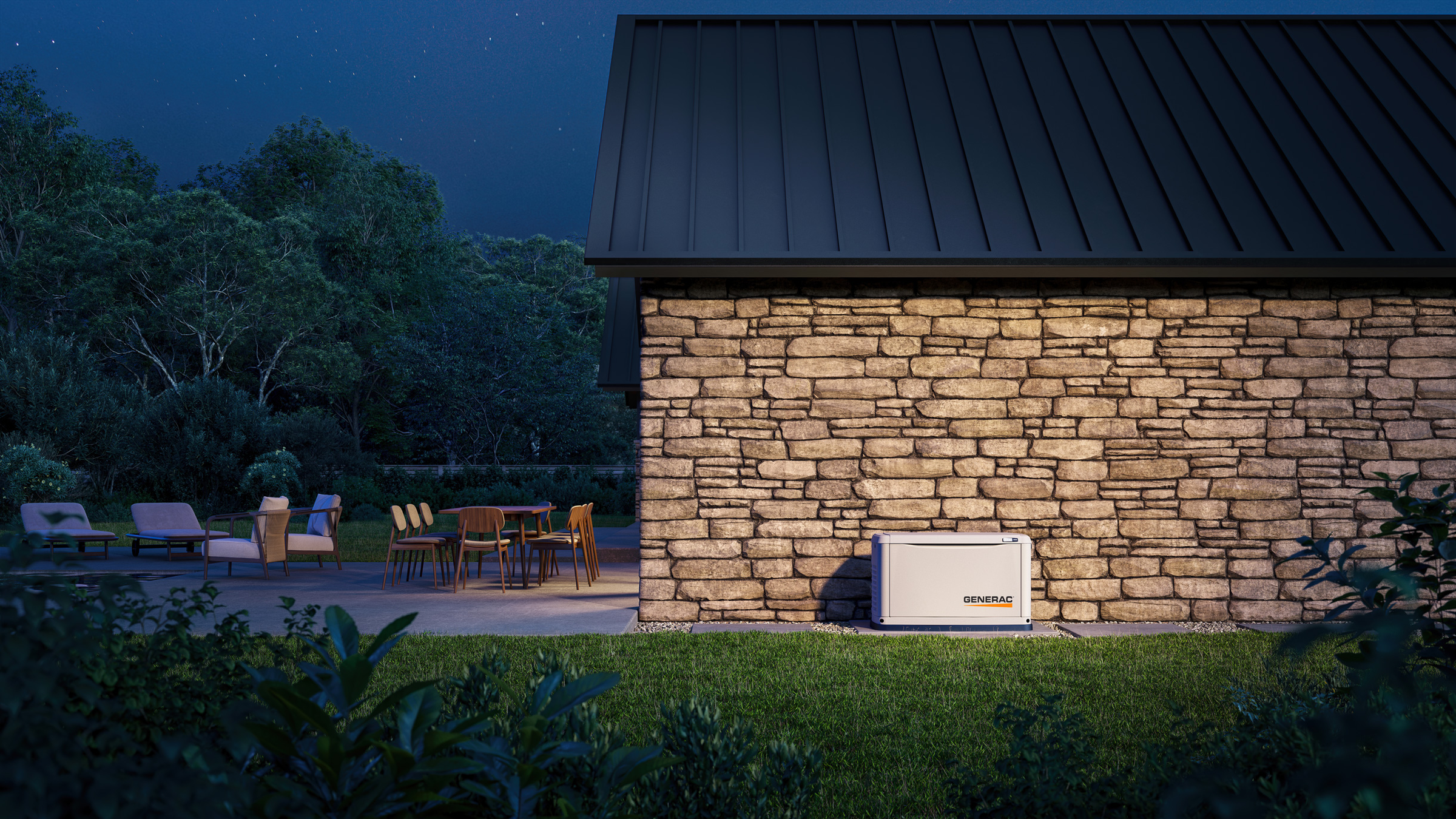 Gerador residencial a gás em área externa iluminada