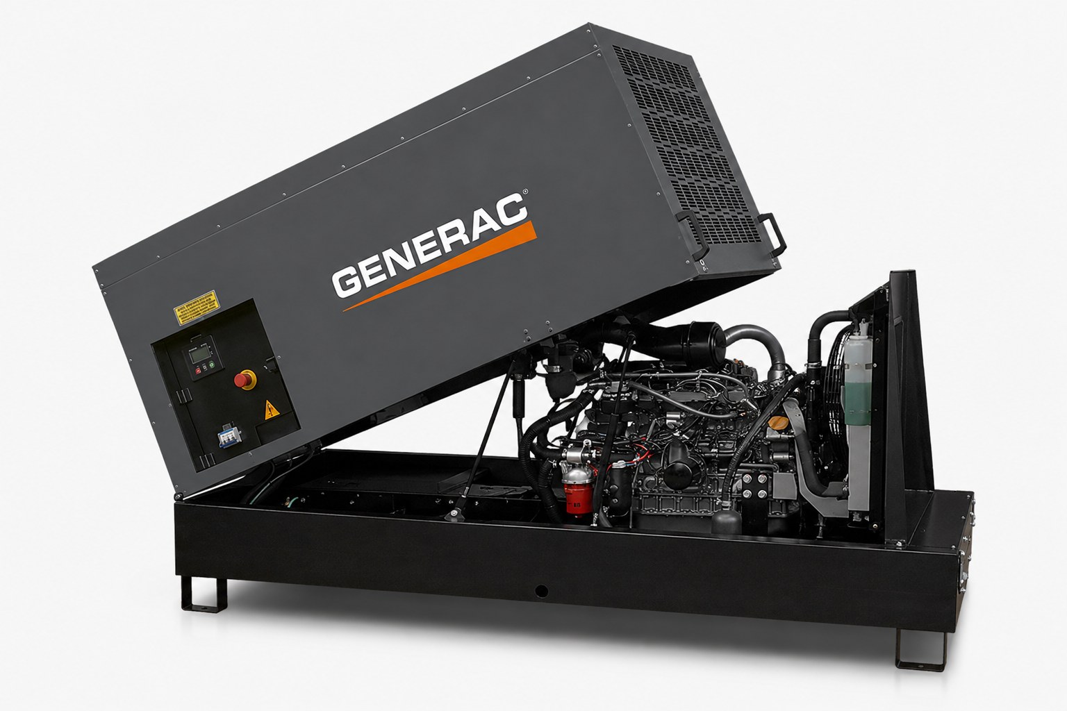 Gerador Generac aberto para visualização técnica do motor